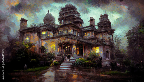 AI generated image of a creepy scary haunted mansion/haveli at the edge of an Indian town photo