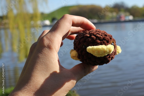 Platypus toy in the hands of a young unrecognizable girl on the background of the lake. Brown platypus in nature. Knitted handmade dolls. Knitting. Hobby. Close-up toy.