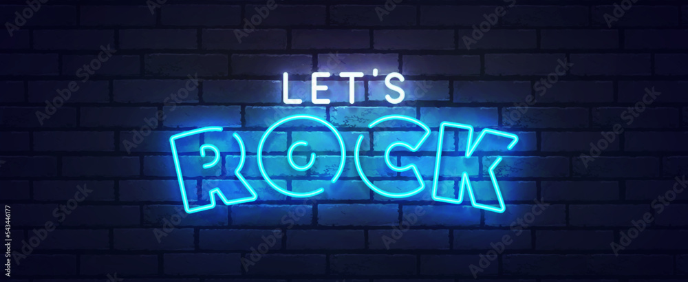 Rock neon sign, bright signboard, light banner. Rock festival. Rock star. Rock n roll party logo neon, emblem. Vector illustration - obrazy, fototapety, plakaty 