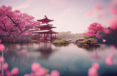 Picture of japanese pagoda in cherry blossom garden with lake