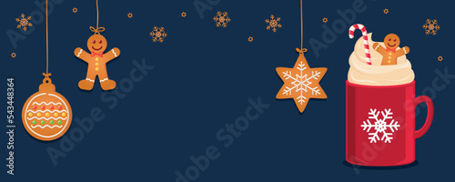 christmas card with hanging gingerbread cookies and cocoa drink