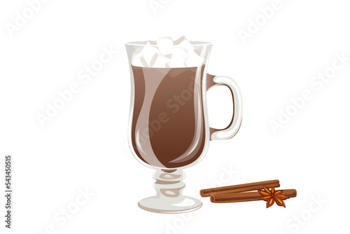 A cup of hot cocoa with marshmallows and cinnamon.Winter hot drink in a glass glass.Vector illustration of a Christmas drink.