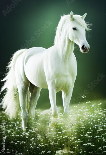 white horse runs gallop in the field