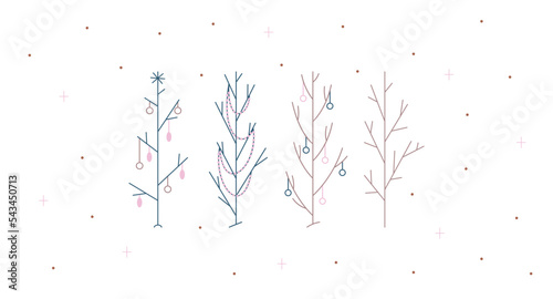   hristmas trees set  vector  simple flat illustration  cute  minimalism  line art  blue  brown