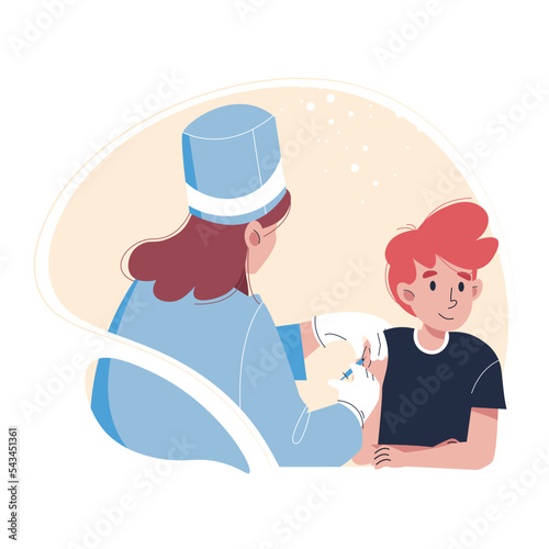 Diabetes children kids vaccination healthcare concept. Doctor nurse taking injection in an arm, checking blood sugar level in a child, for blood state control vector illustration. Diabetes treatment.