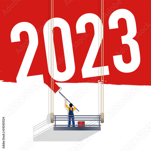 Carte de vœux pour les jeunes entreprises énergiques, avec un peintre sur son échafaudage qui peint un mur en rose vif en laissant apparaître 2023.