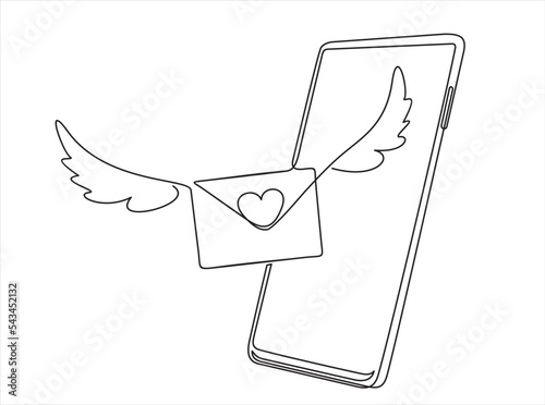 Smartphone and Flying envelop with heart, illustration continuous one line art illustration.