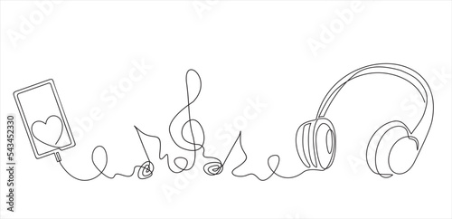 Continuous one line drawing of Phone, headphones and heart. Love music concept. Vector illustration.
