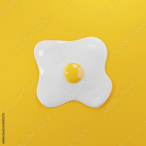 Fried egg or omelette minimal foods isolated on yellow background. breakfast cooking for healthy white egg yolk 3D rendering illustration concept.