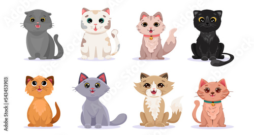 Big set of adorable cats of different breeds. Bundle of purebred domestic pet animals isolated on white background. Cartoon vector illustration with funny and happy kitten characters