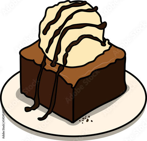 Vector illustration of a cute cartoon brownie cake with ice cream