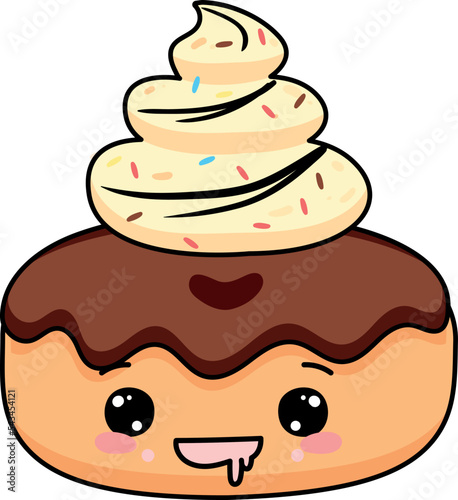 Vector illustration of a cute cartoon doughnut with whipped cream