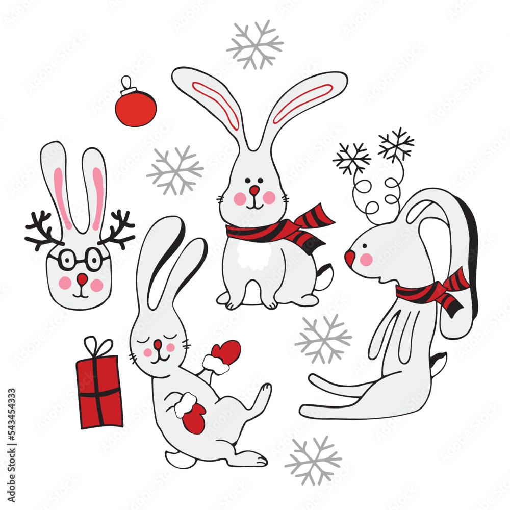 Obraz premium haresCircle of cute vector Christmas graphic little rabbits. Chinese 2023 year symbol, Cute bunny. Year of hare. Cartoon mascot. Smiling adorable character. Cute illustration of wild forest animal iso