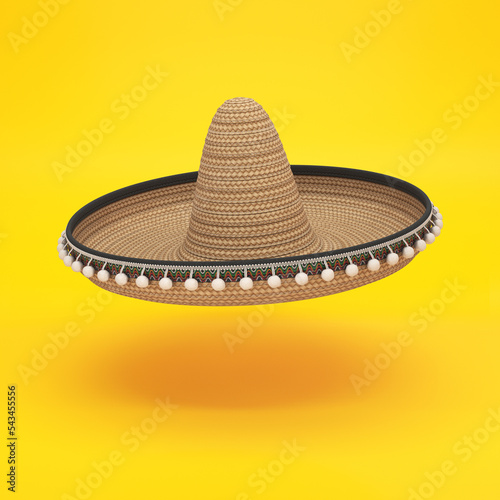 Sombrero hat floating on a yellow background, 3d render