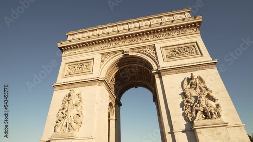 Golden hours with clear sky, Paris city Arc de triomphe, low angle 4K