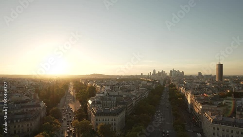 Paris skyline cityscape, during golden hour sunset. France.