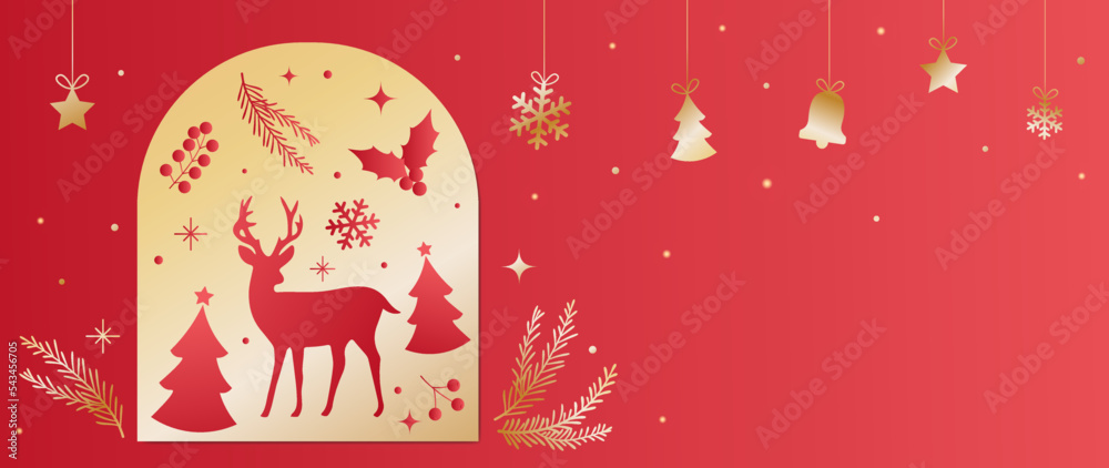 merry christmas and happy new year on red vector background with gold. Christmas golden elements, baubles, snowflakes, deer, fir tree, holly, snow. Design for banner, invitation, card, greeting, cover