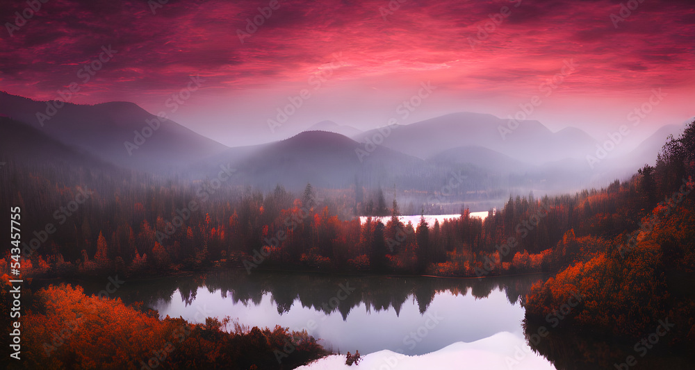 Illustration Beautiful Landscape With Water Reflection