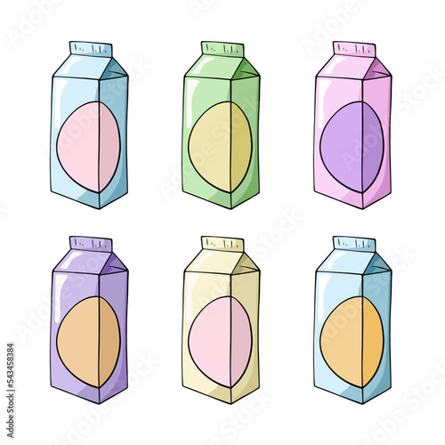 Set of colored icons, square packaging for juice, milk, kefir, copy space, vector cartoon