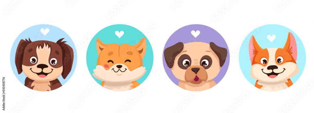 Cute set with funny puppy avatars and colorful backgrounds for profile. Cute pet faces of different breeds of dog, pug, corgi, akita inu. Vector cartoon illustration for your design Cute set with funny puppy avatars and colorful backgrounds for profile. Cute pet faces of different breeds of dog, pug, corgi, akita inu. Vector cartoon illustration for your design