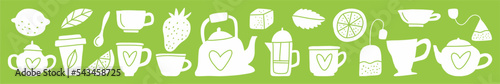 Vector horizontal illustration with a collection of teapots and tea cups hand-drawn in the style of doodle.