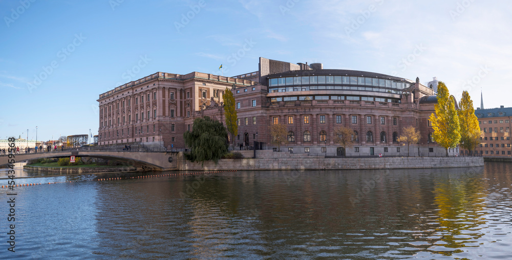 Governmental house Riksdagen and the canal Stallkanalen a sunny autumn day in Stockholm