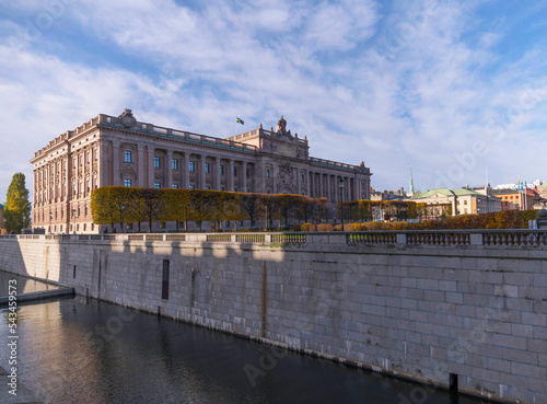 Photography Governmental house Riksdagen and the canal Stallkanalen a sunny autumn day in St