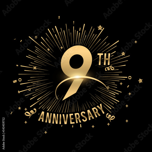 Happy 9th Anniversary. with fireworks and star .Greeting card