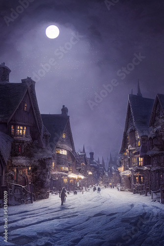 Hogsmeade on a cold snowy winter night, full moon, landscape photo