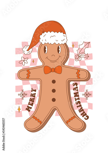 Christmas retro greeting card with gingerbread man. Groovy Christmas traditional cookie on checkerboard background in 70s style. Typography Merry Christmas. Vector illustration.