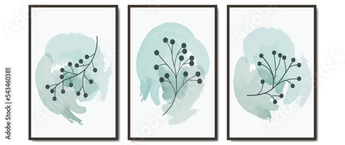 Set of abstract leaves, branches with berries, wall art vector. Leaves, organic shapes, blue and green tone, berry branch. Watercolor decoration collection design for interior, poster, cover, banner.