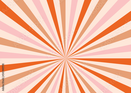 Retro Groovy 70s background. Y2k aesthetic sunburst. Retro sun ray background. Red, beige and pink colors. Trendy vector backdrop.