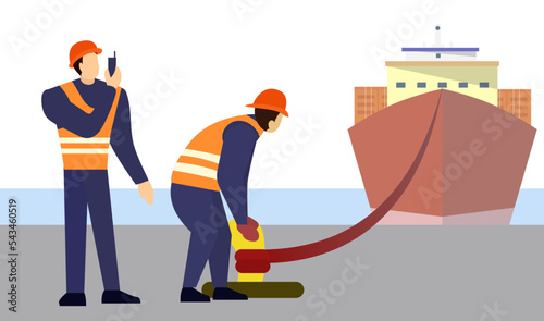 harbor dock worker control loading Containers box to truck for Logistic Import-Export, moor the gang at the port to the departure ship vector illustration, import-export shipping industry
