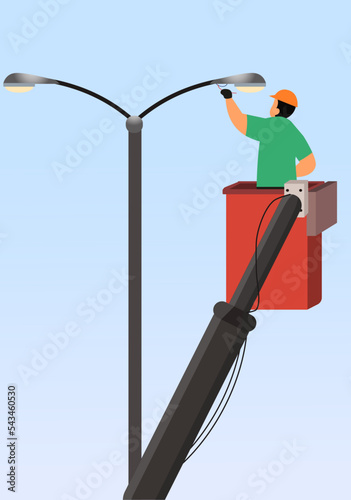 worker repair a street lamp with height lift machine, worker in lift machine replacing a lamp, street light repair work vector illustration