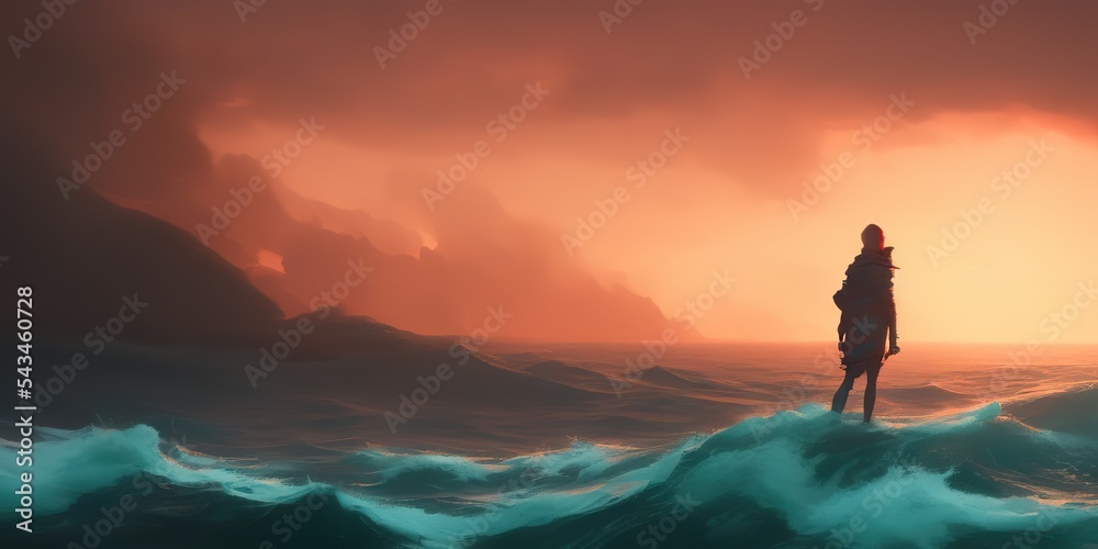 Pintura al oleo de océano con olas de tormenta
