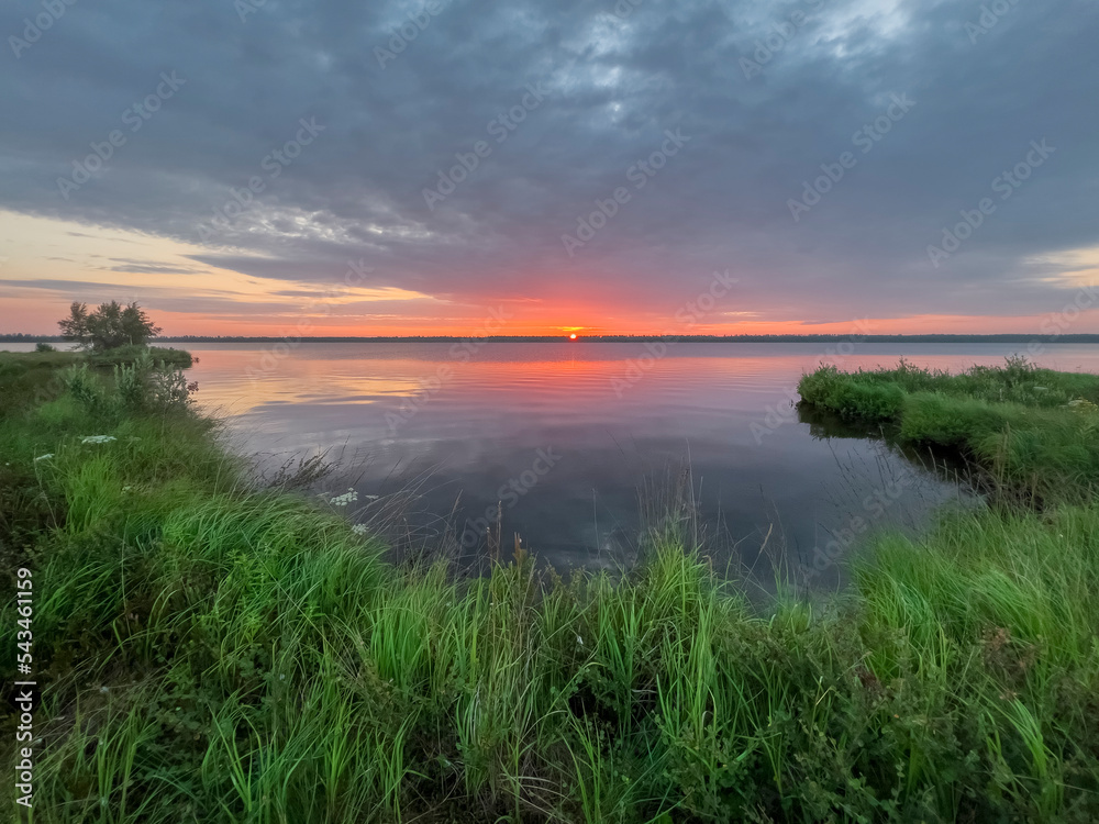Sunrise on the lake Voloyarvi, Russia