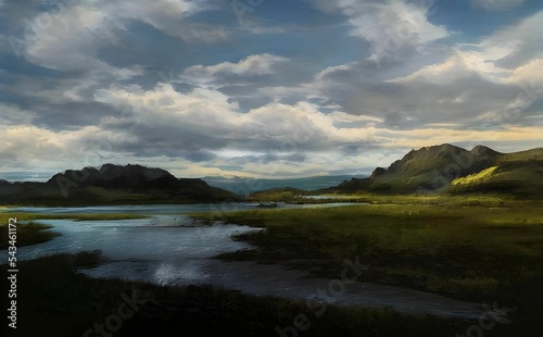 Beautiful painting of a nature landscape ona cloudy day