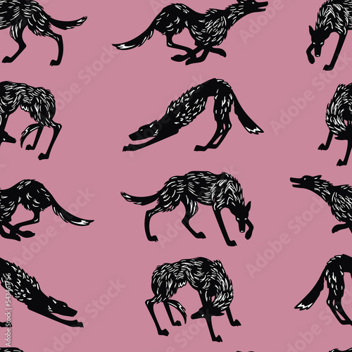 Vector seamless pattern with hand drawn cute skinny wolves in different postures. Ink drawing, graphic style. Beautiful wild nature design elements. Perfect for prints and patterns