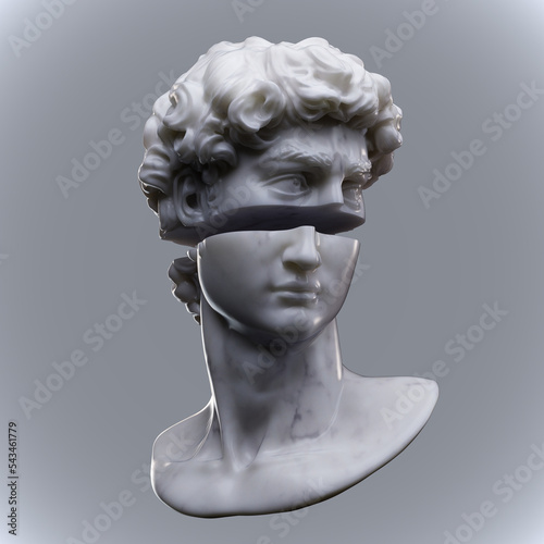 Abstract digital illustration from 3D rendering of male bust head of white marble sliced in two and isolated on light grey background.