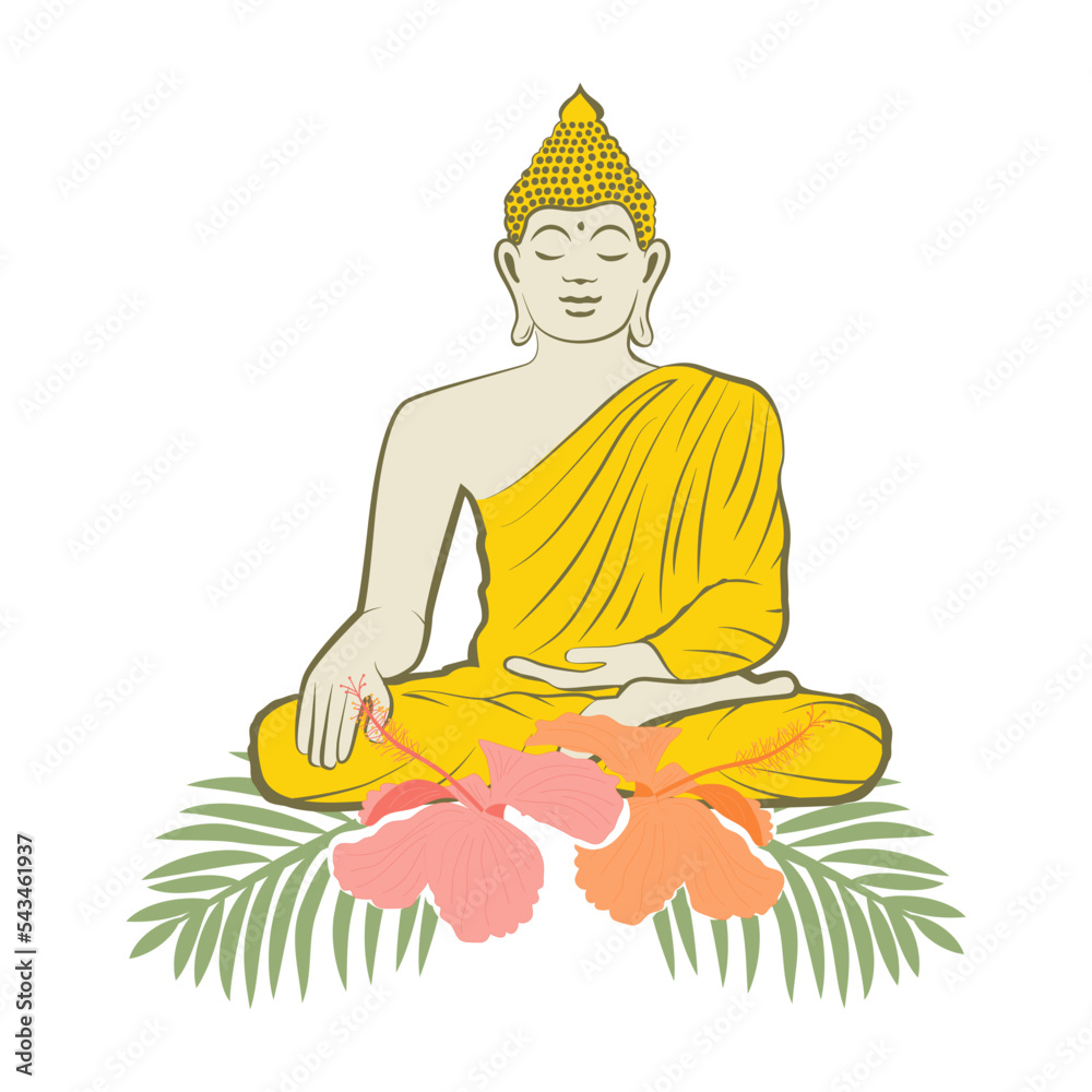 Obraz premium Tropical branches , flowers and meditative Buddha
