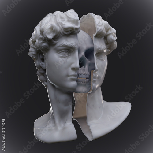Abstract anatomic concept illustration from 3d rendering of a marble classical head bust sliced open in two showing a skull inside and isolated on dark background.
