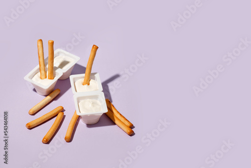 Minimal concept of food and dessert. flat lay, top view. Marshmellow and breadsticks, sweet street snack. Tredy color, hard shadow, menu for cafe, copy space, flyer, banner photo