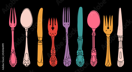 Fancy Cutlery set with table knife, spoon, fork, fish spoon. Various shapes. Bright colors, abstract style. Restaurant, dinner concept. Hand drawn modern Vector illustration. All elements are isolated