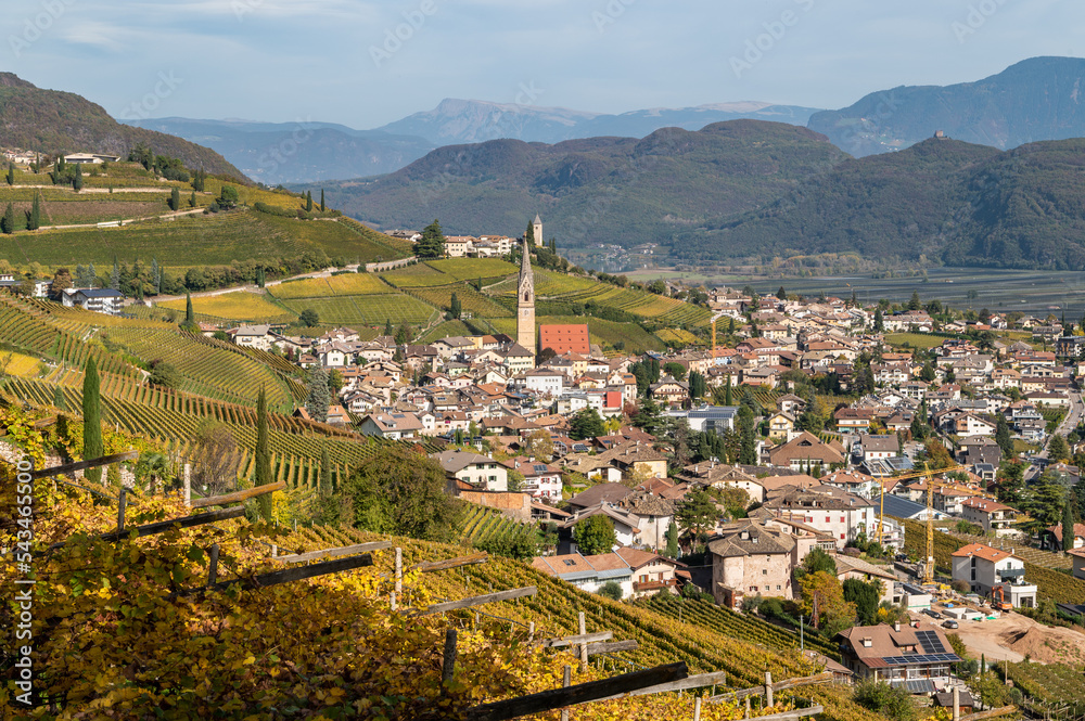 Tramin Village (Termeno) along the wine route. Tramin is the wine-growing village of the South Tyrol - province of Bolzano - northern Italy - view of the countryside in autumn - Vineyards in autumn