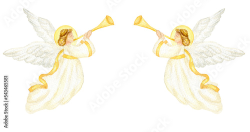Christmas angels set watercolor illustration, Christian Nativity angel with wings isolated on a white background, design for religious baptism invitation, greeting card