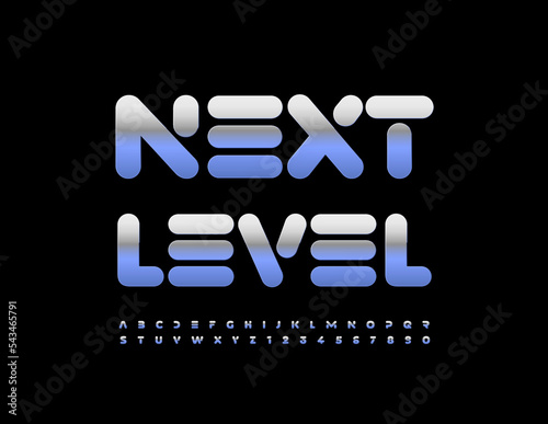 Vector metallic logo Next Level. Trendy silver Font. Artistic Alphabet Letters and Numbers set