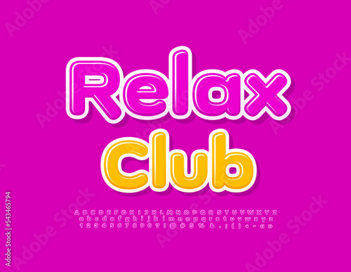 Vector bright banner Relax Club. Pink Glossy Font. Modern Alphabet Letters, Numbers and Symbols. 