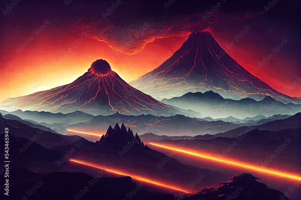 Fantasy landscape with a fire breathing dragon sitting on a volcano and ...