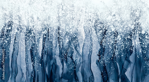 Abstract watercolor and alcohol ink paint background navy blue and white flicks like snow with liquid fluid texture for background, banner in concept winter