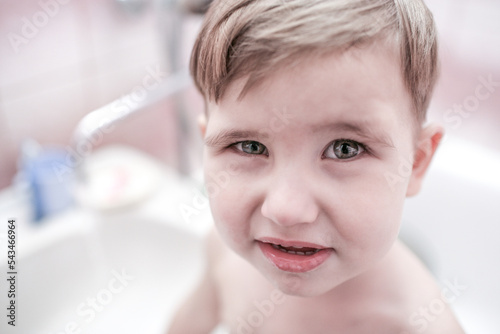 Child kid boy in bathroom. Health care  dental hygiene  people and beauty concept